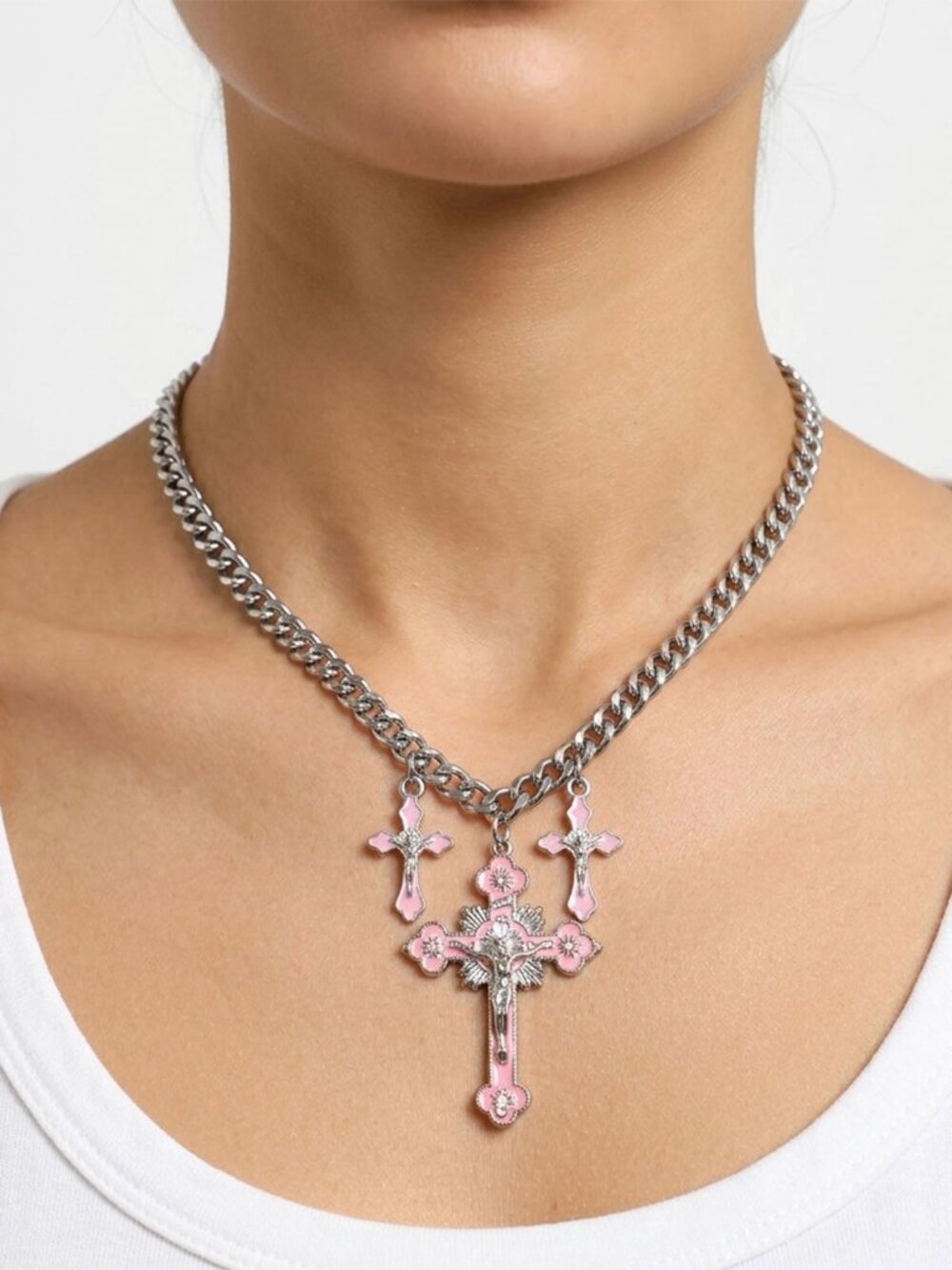 Silver Tone Pink Enamel Triple Cross Crucifix Charm Chunky Chain Necklace Y2K